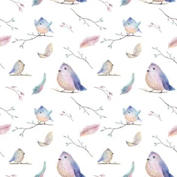 Watercolor  spring  rustic pattern with nest, birds, branch,tree Stock Illustration