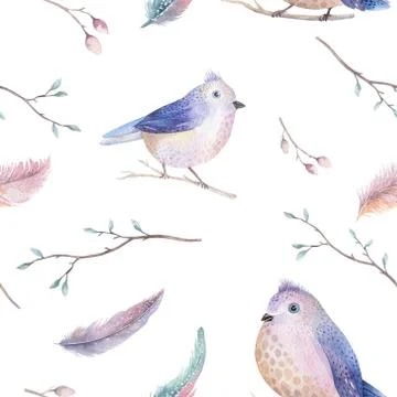 Watercolor  spring  rustic pattern with nest, birds, branch,tree Stock Illustration