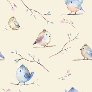 Watercolor  spring  rustic pattern with nest, birds, branch,tree Stock Illustration