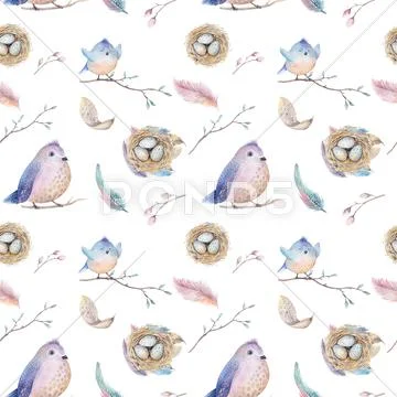 Watercolor spring rustic pattern with nest, birds, branch,tree Stock Illustration