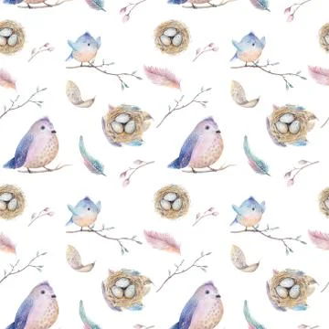 Watercolor  spring  rustic pattern with nest, birds, branch,tree Stock Illustration