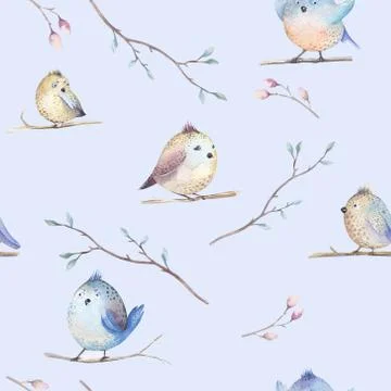 Watercolor  spring  rustic pattern with nest, birds, branch,tree Stock Illustration