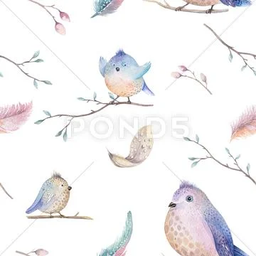 Watercolor spring rustic pattern with nest, birds, branch,tree Stock Illustration