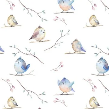 Watercolor  spring  rustic pattern with nest, birds, branch,tree Stock Illustration