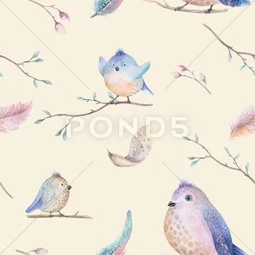 Watercolor spring rustic pattern with nest, birds, branch,tree Stock Illustration