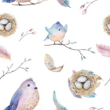 Watercolor  spring  rustic pattern with nest, birds, branch,tree Stock Illustration