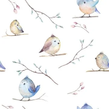 Watercolor  spring  rustic pattern with nest, birds, branch,tree Stock Illustration