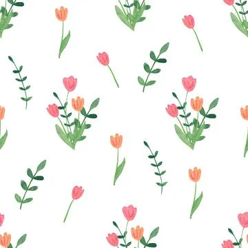 Watercolor spring seamless pattern with bouquets of tulip flowers. Stock Illustration