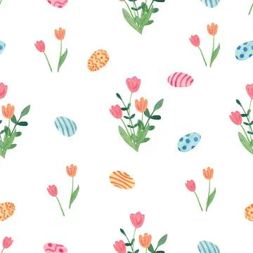 Watercolor spring seamless pattern with colorful eggs and tulips Stock Illustration