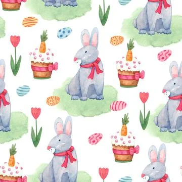 Watercolor spring seamless pattern with Cute Easter rabbits, eggs and cakes Stock Illustration