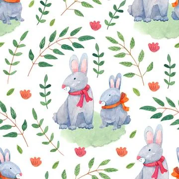 Watercolor spring seamless pattern with cute Easter rabbits and tree branches Stock Illustration