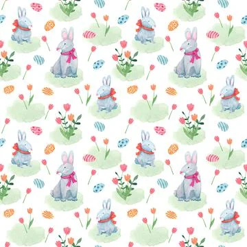 Watercolor spring seamless pattern with  Easter rabbits and spring flowers Stock Illustration