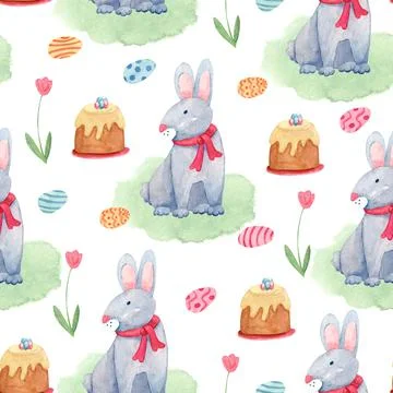 Watercolor spring seamless pattern with Easter rabbits  on the grass Stock Illustration