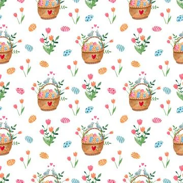 Watercolor spring seamless pattern with Ester baskets full of colorful eggs. Stock Illustration