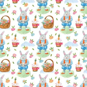 Watercolor spring seamless pattern with rabbit boys with Easter treats Stock Illustration