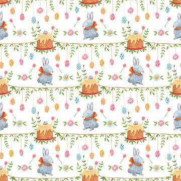 Watercolor spring seamless pattern with rabbits or bunnies, cakes, eggs garland Stock Illustration