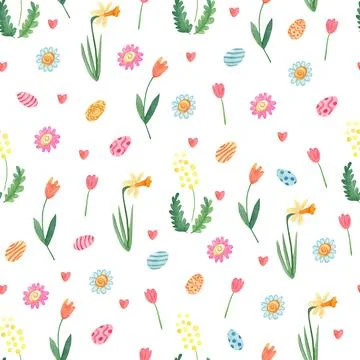 Watercolor spring seamless pattern with tulip flowers, daffodils, mimosa Stock Illustration