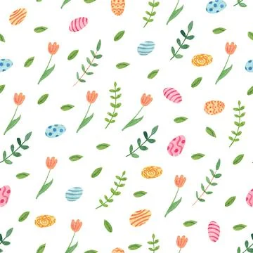 Watercolor spring seamless pattern with tulip flowers, leaves and colorful eggs. Stock Illustration
