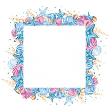 Watercolor square frame with sea shells on white background, illustration. Hand Illustrazione stock