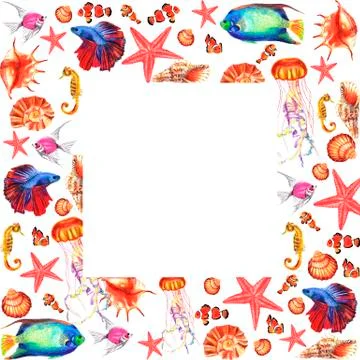 Watercolor square frame with water-plants, corals, fishes, shells Stock Illustration