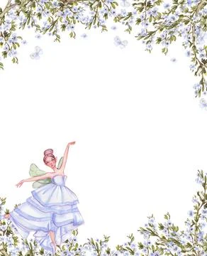 Watercolor square spring flowers frame in cartoon style with a flower fairy.  Stock Illustration