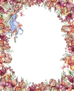 Watercolor square spring garden full of flowers frame in cartoon style with.. Illustrazione stock