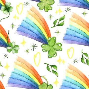 Watercolor St Patrick seamless pattern with clover, rainbow. Coins, shamrock Stock Illustration