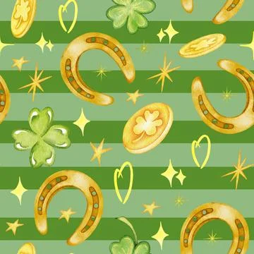 Watercolor St Patrick seamless pattern with clover, rainbow. Coins, shamrock Stock Illustration