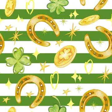 Watercolor St Patrick seamless pattern with clover, rainbow. Coins, shamrock Illustrazione stock