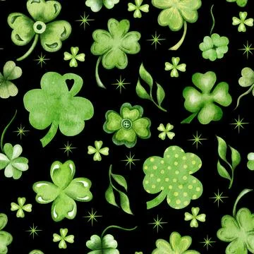 Watercolor St Patrick seamless pattern with clover, rainbow. Coins, shamrock Stock Illustration