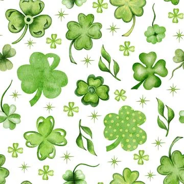 Watercolor St Patrick seamless pattern with clover, rainbow. Coins, shamrock Stock Illustration