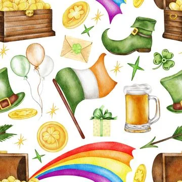 Watercolor St Patrick seamless pattern with clover, rainbow. Coins, shamrock Stock Illustration