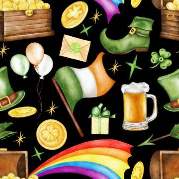 Watercolor St Patrick seamless pattern with clover, rainbow. Coins, shamrock Stock Illustration