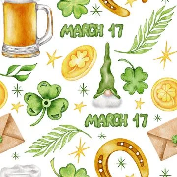 Watercolor St Patrick seamless pattern with clover, rainbow. Coins, shamrock Stock Illustration