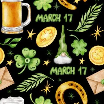 Watercolor St Patrick seamless pattern with clover, rainbow. Coins, shamrock Stock Illustration