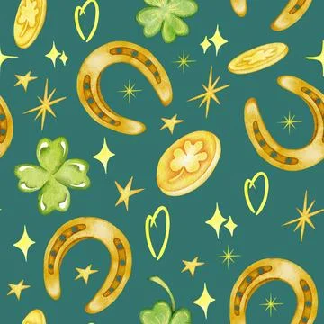 Watercolor St Patrick seamless pattern with clover, rainbow. Coins, shamro... Stock Photos