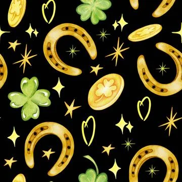 Watercolor St Patrick seamless pattern with clover, rainbow. Coins, shamro... Stock Photos