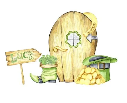 Watercolor st Patrick's day composition with leprechauns green hat and shoe.. Stock Illustration