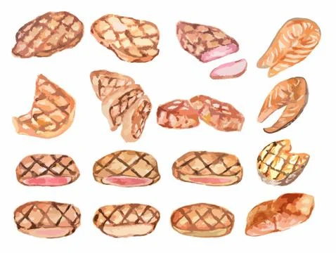 Watercolor steak set. Ilustración de archivo