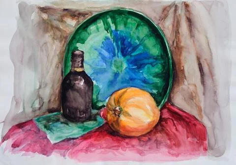 A watercolor still life study with bottle, pumpkin and big plate Stock-Illustration
