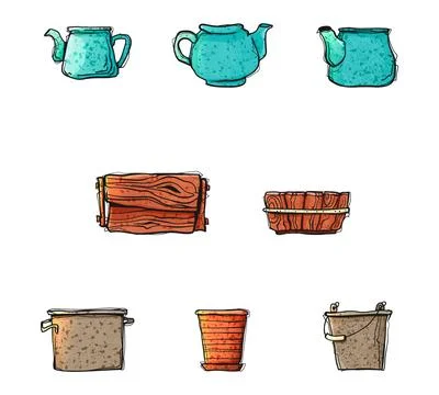 Watercolor Style Vector Set Empty Planters Teapots Wooden Boxes Terracotta .. イラスト素材