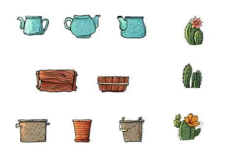 Watercolor Style Vector Set Planters Teapots Wooden Boxes Metal Pots Cacti .. Stock Illustration