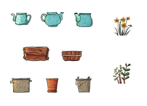 Watercolor Style Vector Set Planters Teapots Wooden Boxes Daffodil Succulen.. Stock Illustration