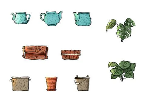 Watercolor Style Vector Set Planters Teapots Wooden Boxes Monstera Tropical.. Иллюстрация