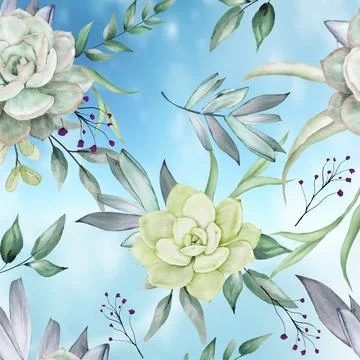 Watercolor succulents seamless pattern Stock-Illustration