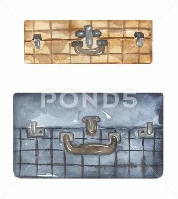 Watercolor suitcase clipart set, Travel cases old leather brown and blue  su..: Graphic #245907941