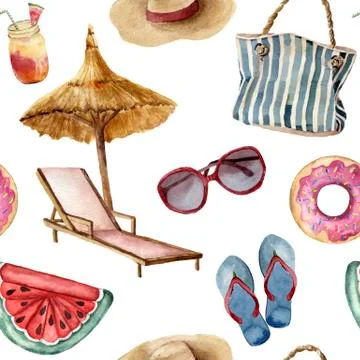 Watercolor summer beach pattern. Hand painted summer vacation objects Stock Illustration