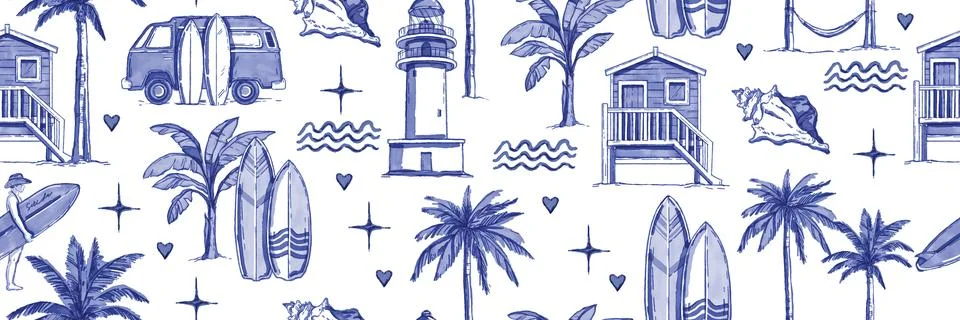 Watercolor summer seamless pattern, vector hand drawn tropical ocean texture 스톡 일러스트