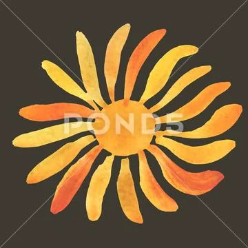 Watercolor sun, rays flat icon closeup silhouette isolated on white background Stock Illustrationen