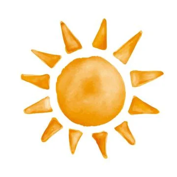 Watercolor sun, rays flat icon closeup silhouette isolated on white backgroun Illustrazione stock